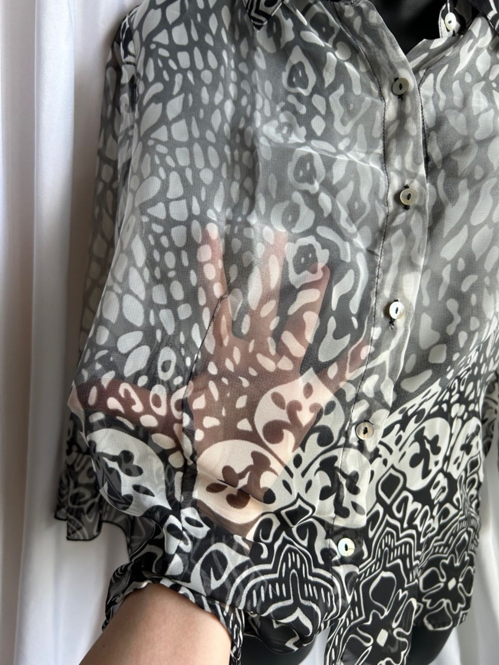 NICOLA Black & White Printed Button-Up All Sheer Blouse - Picture 5 of 11